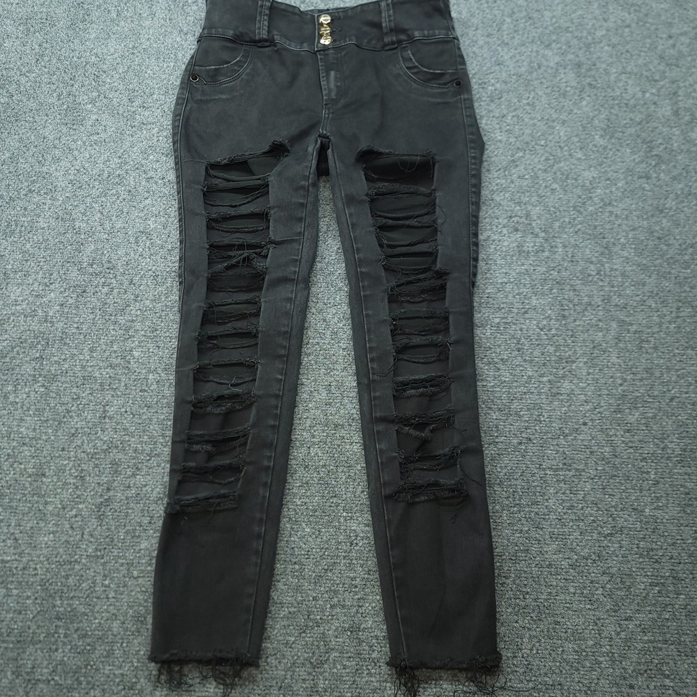 Revel Jeans Black Distressed Skinny Jeans High Waist Triple Button Size 14